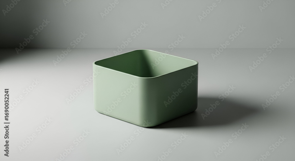 Poster minimalist sage green cube container with soft lighting and rounded edges design