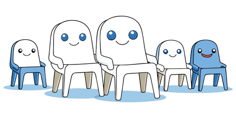 Kids plastic white blue chairs simple and unique cartoon style modern empty comfortable stools for baby isolated on white background vector illustration.
