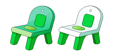 Kids plastic green blue chairs simple and unique cartoon style modern empty comfortable stools for baby isolated on white background vector illustration.