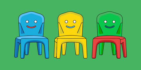 Kids plastic red chairs simple and unique cartoon style modern empty comfortable stools for baby isolated on green background vector illustration.