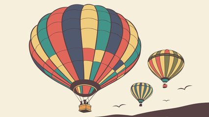 Fototapeta premium Colorful Hot Air Balloons Soaring Through the Sky Retro Illustration Travel Adventure Transportation.