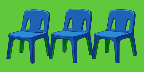 Kids plastic blue chairs simple and unique cartoon style modern empty comfortable stools for baby isolated on green background vector illustration.