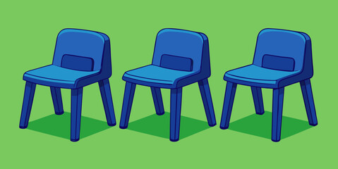 Kids plastic blue chairs simple and unique cartoon style modern empty comfortable stools for baby isolated on green background vector illustration.