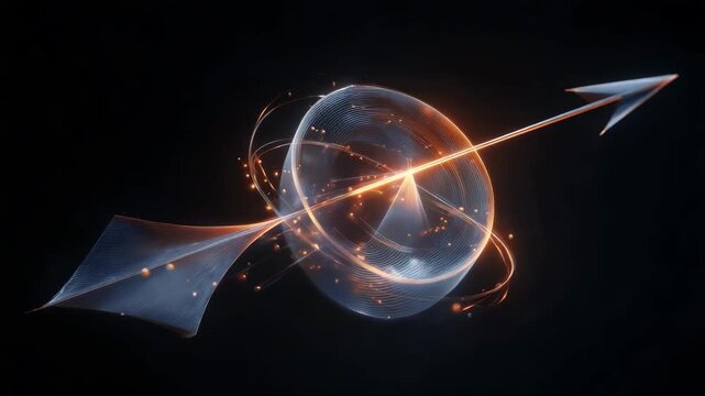 Abstract representation of atomic structure with glowing orb and arrow  