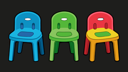 Kids plastic chairs simple and unique cartoon style modern empty comfortable stools for baby isolated on black background vector illustration.