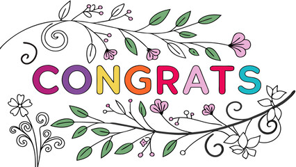 Congratulations Floral Design Colorful Hand-Drawn Lettering with Flowers and Swirls Celebration Card Greeting Invitation Printable Decorative Element.