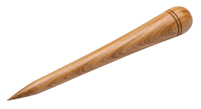Wooden Awl: A finely crafted wooden awl, expertly sculpted from a light-toned hardwood, showcasing intricate grain patterns and the sharp, pointed tip essential for detailed handiwork.