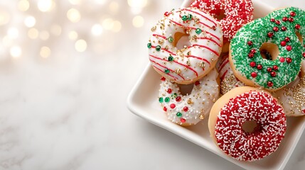 Delicious donuts with festive sprinkles on a white plate with bokeh lights