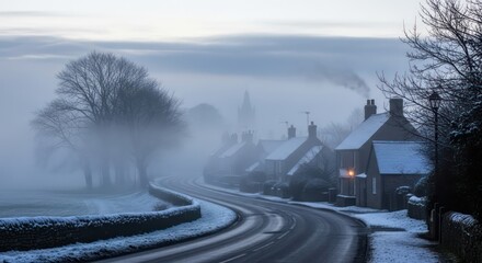 Snow-Covered Village Street in Morning Mist