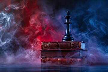 Chess king on stacked antique books surrounded by swirling red and blue smoke on dramatic background symbolizing strategy, leadership, and knowledge. Ai generative