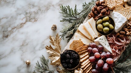 Festive charcuterie board with cheese, grapes, crackers and olives on marble