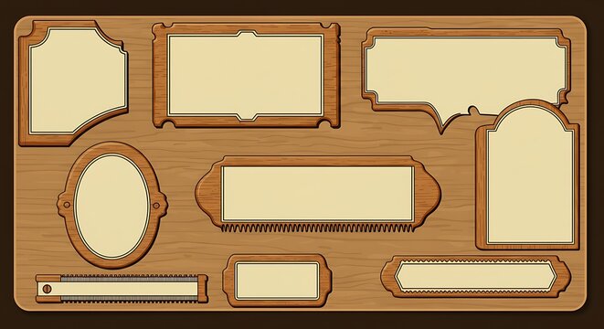 Collection of vintage wooden frames with various shapes and blank space for text or images