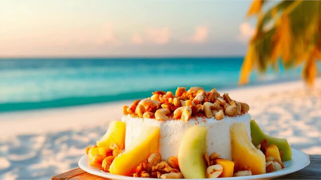 Delicious Tropical Fruit Dessert Served on a Sandy Beach at Sunset.