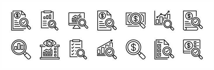 Audit thin line icon set. Contains accounting, inspecting, inspection, auditor, check, checklist document, approved, verify, monitoring, evaluation, search, financial analysis. Vector illustration
