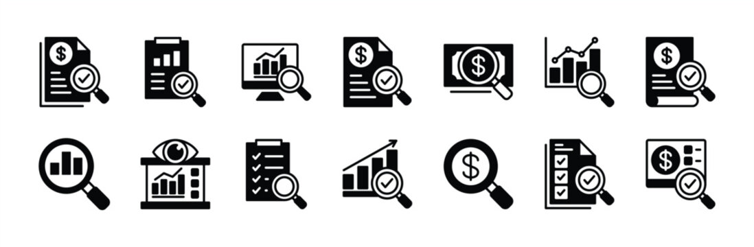 Audit icon vector set. Contains financial analysis, accounting, inspecting, inspection, auditor, check, checklist document, approved, verify, monitoring, evaluation, search. Illustration