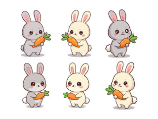 Cute cartoon bunnies holding carrots joyfully