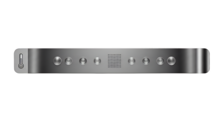 Sleek Metallic Device with buttons: A close-up view of a stylish, metallic device showcasing a minimalist design and an array of buttons and temperature indicator. Perfect for technology concept.