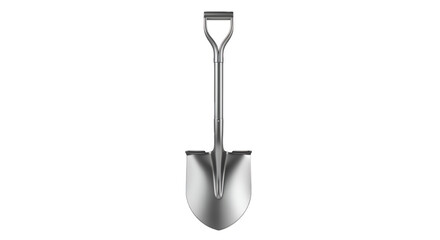 Shiny Silver Shovel: A gleaming, metallic shovel stands tall, perfectly centered, ready for digging in a photorealistic, studio-style presentation.