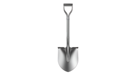 Shiny Silver Shovel: A gleaming, metallic shovel stands tall, perfectly centered, ready for digging in a photorealistic, studio-style presentation.