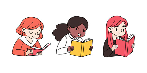 Three girls reading books with diverse styles.