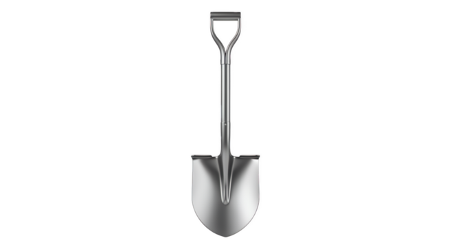 Shiny Silver Shovel: A gleaming, metallic shovel stands tall, perfectly centered, ready for digging in a photorealistic, studio-style presentation.