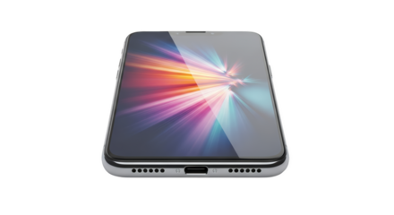 Modern Smartphone Showcase: A sleek, futuristic smartphone resting on a flat surface with its screen displaying a vibrant and dynamic abstract background.