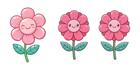 Three cute pink flowers with smiling faces bloom
