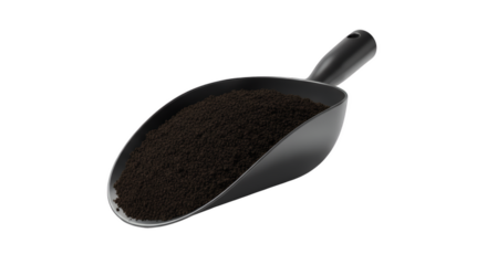Scoop of Dark Coffee: A close-up shot of a scoop filled with rich, dark coffee grounds, ready to brew the perfect cup, presented in a clean, studio-lit setting.