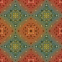 Ornate geometric pattern with starbursts and quatrefoils in a color gradient style, seamless pattern, royalty free stock.