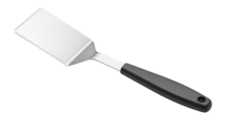 Stainless Steel Spatula: A close-up shot of a sleek stainless steel spatula with a comfortable black handle. This image perfectly captures a versatile kitchen tool