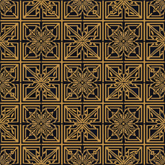 Ornate gold pattern on dark background with floral and geometric elements, seamless pattern, Stock royalty image.