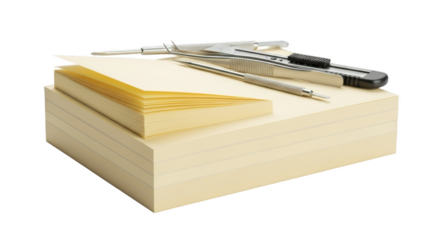 Stationery tools on paper: A collection of sharp stationery instruments rests atop neat stacks of paper, ideal for crafting and precision work, creating a visual symphony of order and purpose.