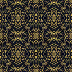 Ornate golden damask pattern on dark navy background with vintage floral elements, seamless pattern, royalty stock.