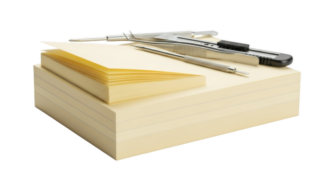 Stationery tools on paper: A collection of sharp stationery instruments rests atop neat stacks of paper, ideal for crafting and precision work, creating a visual symphony of order and purpose.