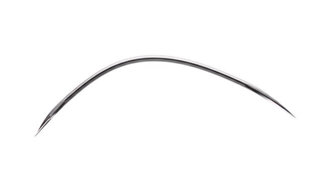 Needle: A macro shot of a single surgical needle, curved and sharpened. Emphasizing its precision and function for medical procedures.