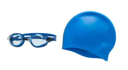 SPORT - Blue swimming cap and goggles set isolated on white background, perfect for swim training and water sports
