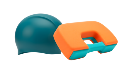 SPORT - Blue swimming cap and orange pool float toy for children, isolated on white background, perfect for water play and swimming lessons