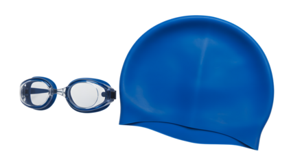 SPORT - Blue swimming cap with matching goggles isolated on white, ideal for swim training and water sports