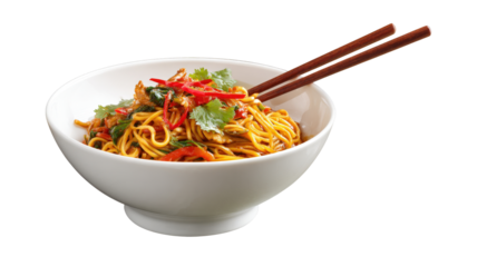 Chicken Hakka or Schezwan noodles served in a bowl with chopsticks isolated on a white background