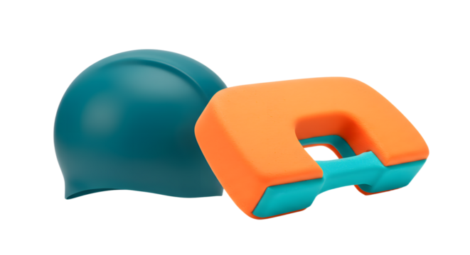 SPORT - Blue swimming cap and orange pool float toy for children, isolated on white background, perfect for water play and swimming lessons