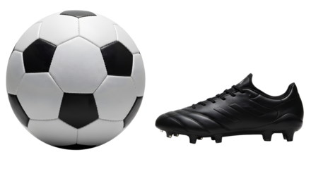 SPORT - Classic black and white soccer ball with black cleat shoe isolated on white background, perfect for sports and football design projects