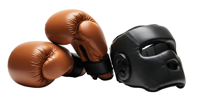 SPORT - Brown boxing gloves pair with black protective headgear isolated on black background, perfect for training and sparring sessions