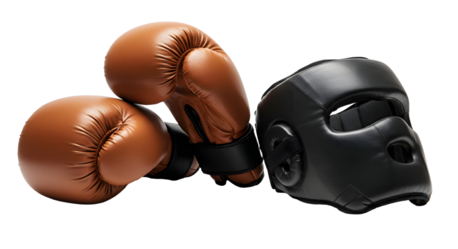 SPORT - Brown boxing gloves pair with black protective headgear isolated on black background, perfect for training and sparring sessions