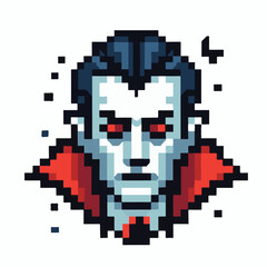 Fictional male vampire portrait with a widow's peak and a red cloak, created in a retro pixel art style