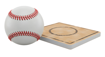 SPORT - Close-up of a white baseball with red stitching next to a wooden baseball base isolated on white, perfect for sports and baseball-themed projects