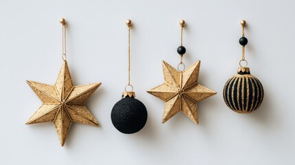 Gold Star and Black Christmas Tree Ornaments Hanging on White Wall