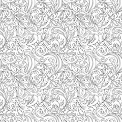 Ornate seamless pattern featuring swirling floral and leaf elements in black and white, seamless pattern, royalty free stock.
