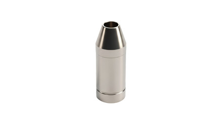 Silver Bullet: A detailed studio shot of a shiny metallic bullet, sleek and modern, isolated, emphasizing its cylindrical form.