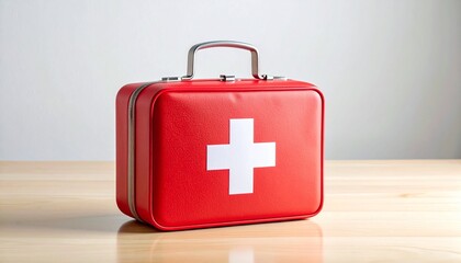Red first aid kit with white cross symbol and metallic top handle, placed on a light wooden surface against a plain white background