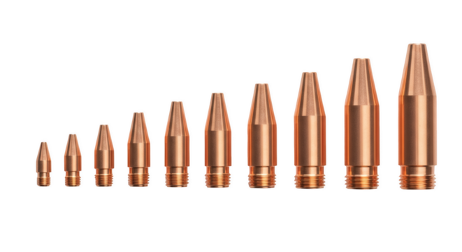 Welding Tips: A close-up shot showcases a variety of precision welding tips, illustrating the tools of the trade and emphasizing the importance of detail in industry. 